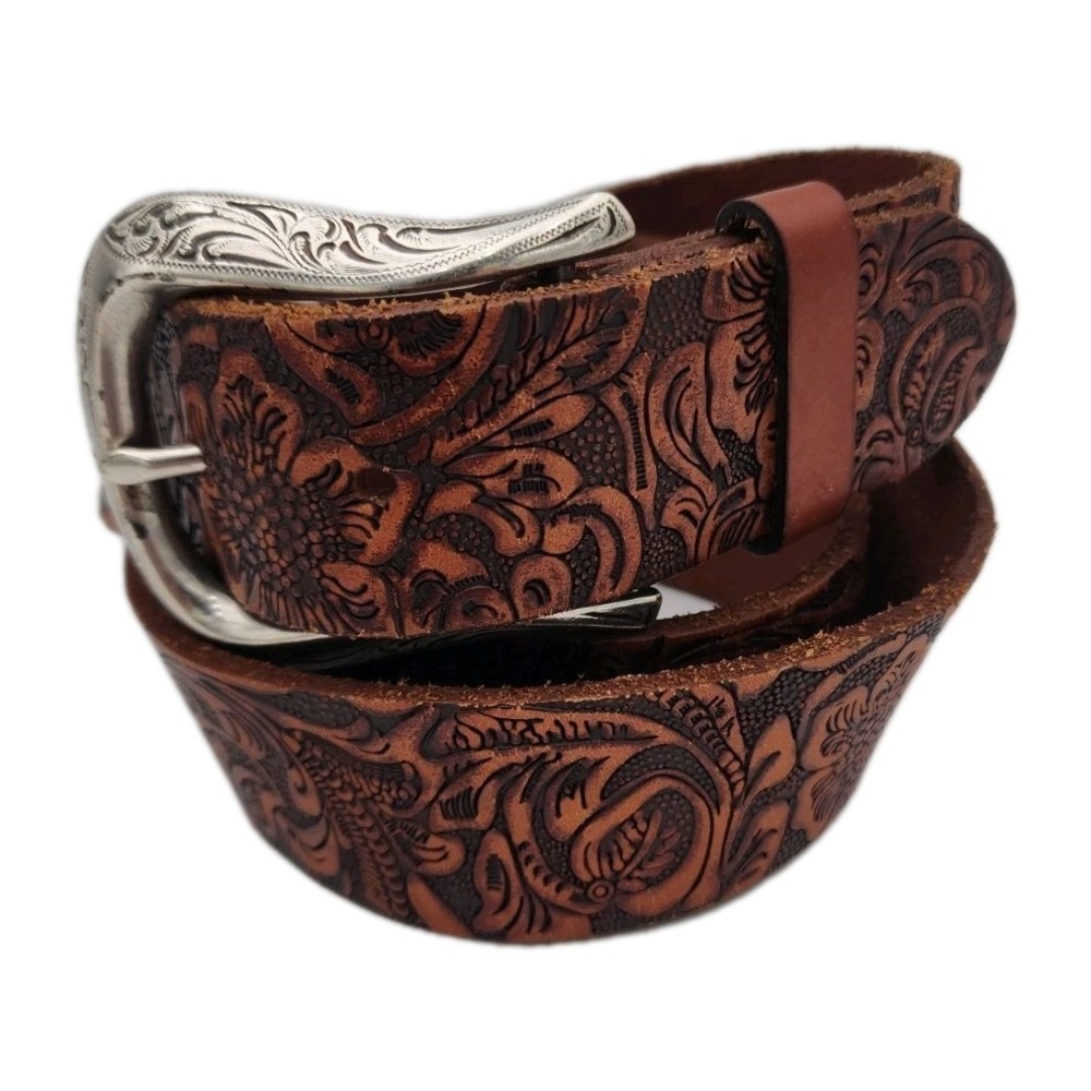 Western Floral Tooled Brown Leather Belt Silver Buckle Sz Large Handmade
